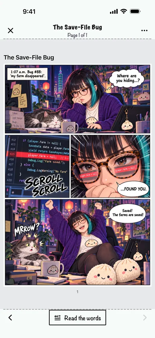 Main Character app showing a finished manga page, The Save-File Bug, drawn for a fictional demo character
