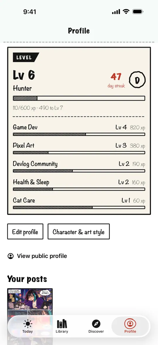 Profile: level 6 Hunter with five personal categories levelling up