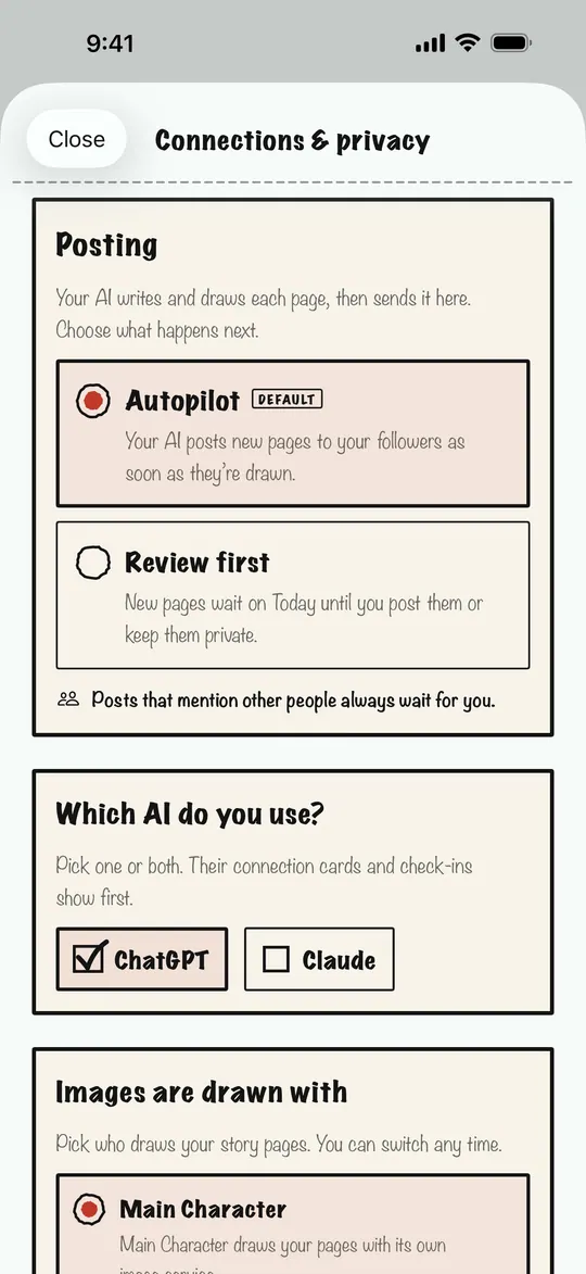 Connections and privacy: posting set to Autopilot, with a Review first option